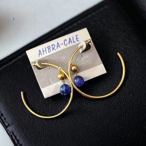 Gold Hoop with Blue Dangles Post Stud Earrings